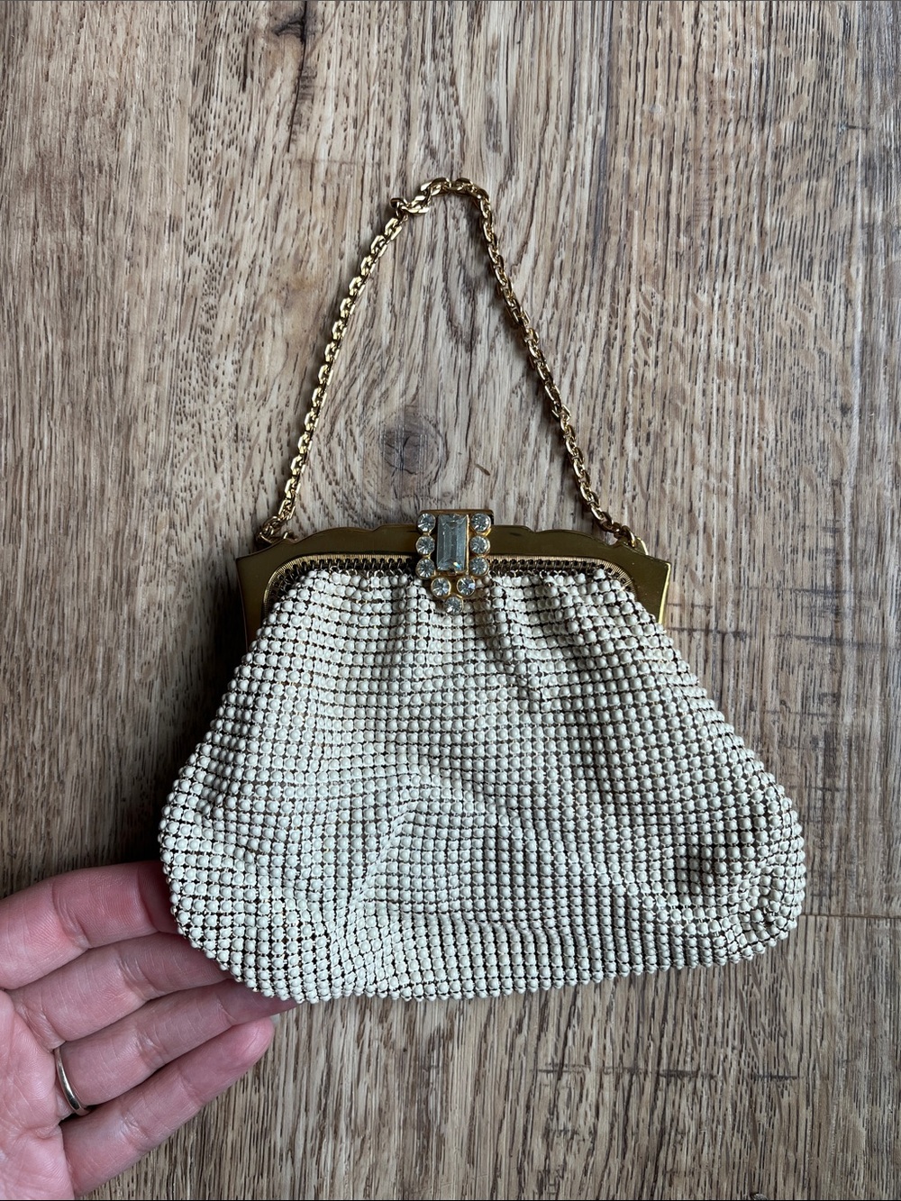 Vintage Whiting & Davis Ivory Enamel Beaded Evening Clutch with Gold Chain